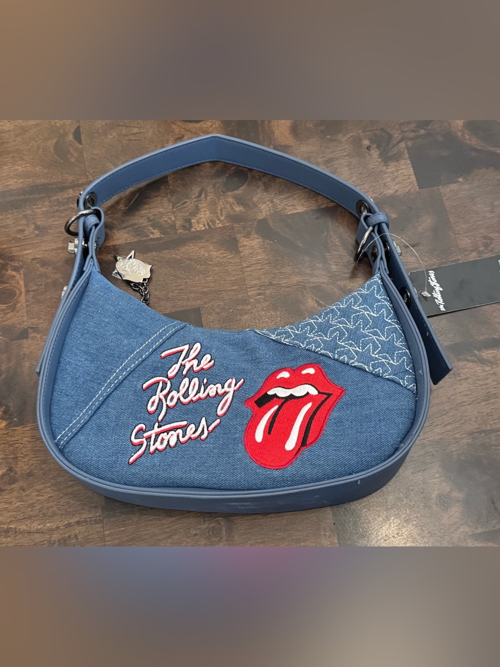 The Rolling Stones Blue Denim Embroidered Mini Hobo Bag NWT